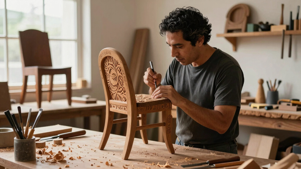 camilo huinca carves personal histories into sculptural wooden chairs